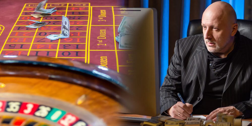 A man develops a strategy for playing in a casino. The person calculates the winning options. Games of chance. Roulette, a table in a casino, and a man next to the money.