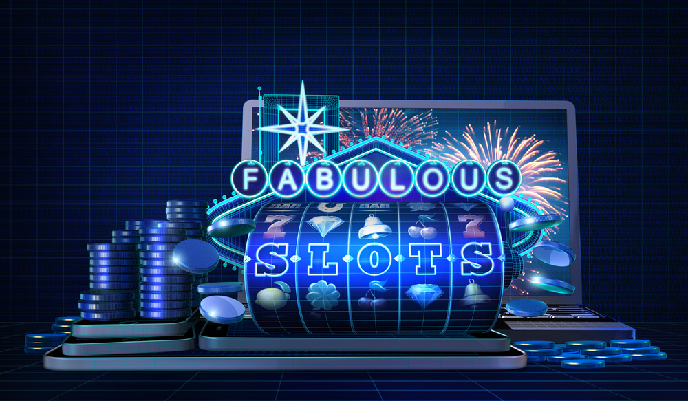 Abstract gambling concept image for online casinos offering for play fabulous slots games. 3D illustration with wire-frame style computer generated 5-reel slot machine and a neon sign