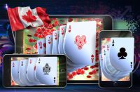 gambling online in canada: Gambling concept image suggesting the idea of playing online versions of poker games at top Canadian online casinos using mobile devices. 3D Rendered illustration on a dark background