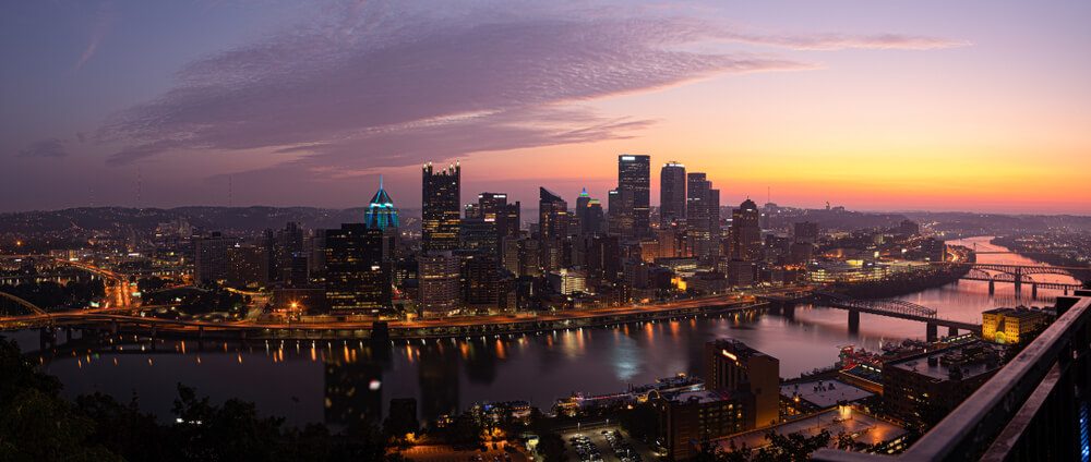 Pittsburgh, city in the state of Pennsylvania, United States of America, as seen across the Monongahela River, at dawn