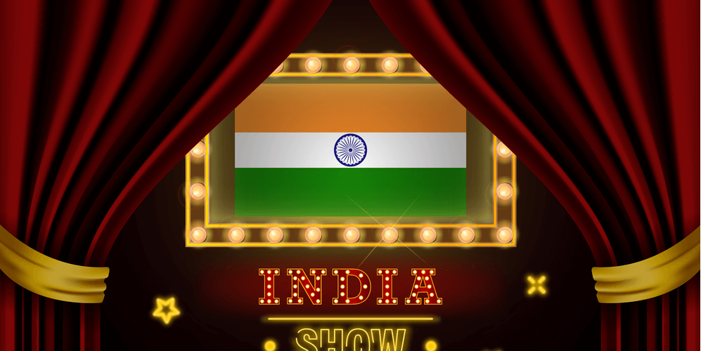 Show time board for performance, cinema, entertainment, roulette, poker of India country event. Shining light bulbs vintage of India country name