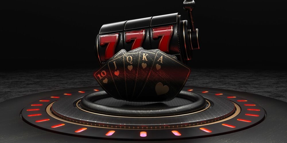 Gambling Concept, Slot Machine And Poker Cards With Royal Flash On Luxury Black Stage - 3D Illustration