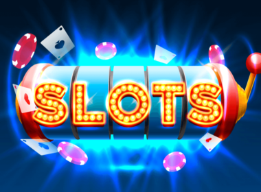 Casino slots object on the blue background, signboard banner. Vector illustration