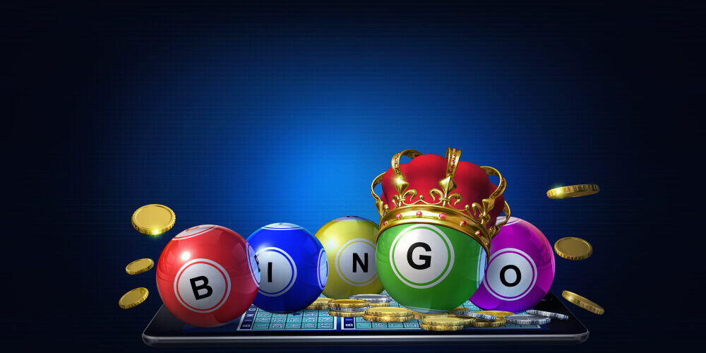 Gambling concept image suggesting the idea of playing online bingo games using apps on mobile devices. 3D Rendered illustration on a dark blue background with copy space