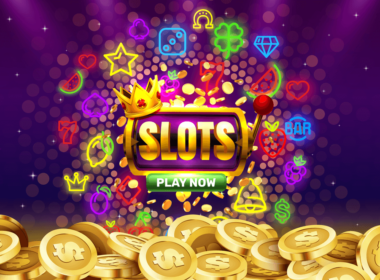 Play now slots neon icons, casino slot sign machine, night Vegas.