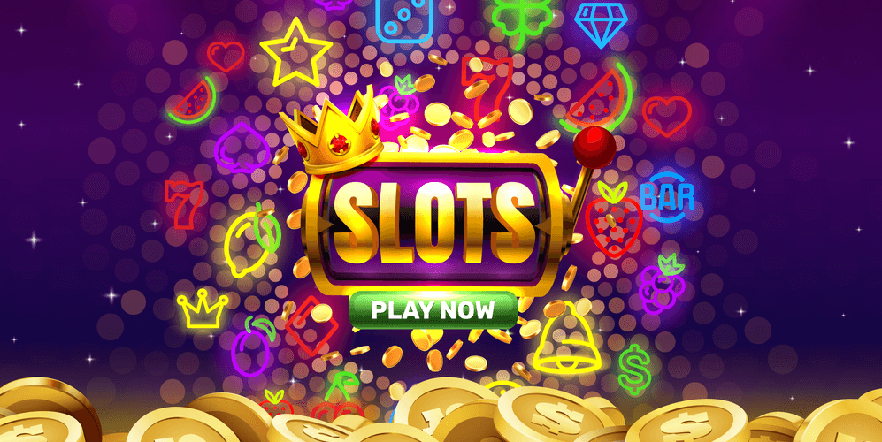 Play now slots neon icons, casino slot sign machine, night Vegas.
