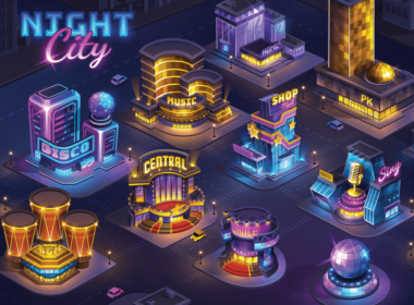 Futuristic night city. Isometric neon cityscape in the dark background. Map for game screen. Vector buildings landscape for UI interface