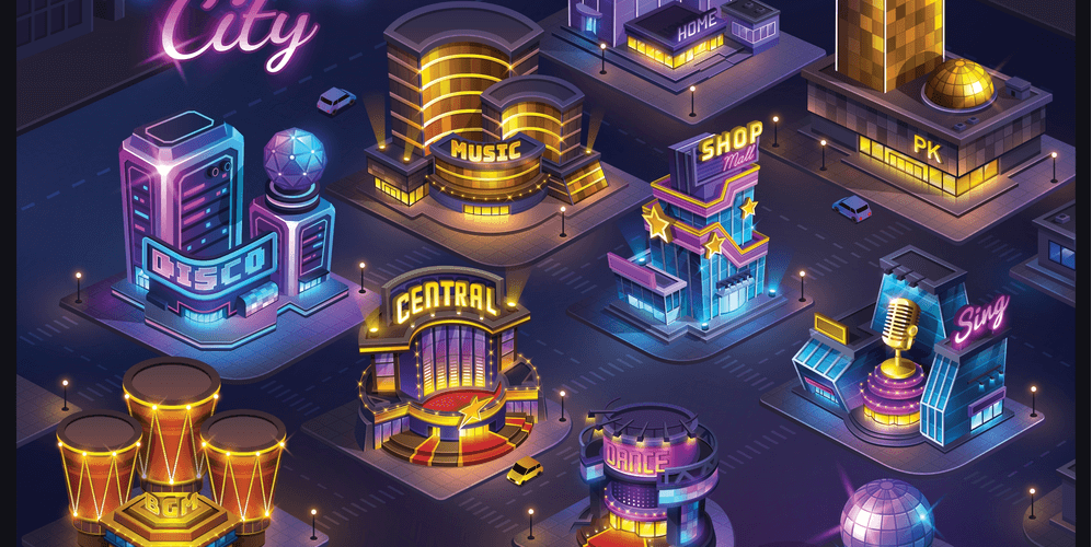 Futuristic night city. Isometric neon cityscape in the dark background. Map for game screen. Vector buildings landscape for UI interface