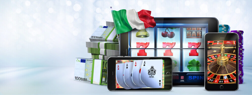 Gambling concept image suggesting the idea of playing slots, poker and roulette games at top Italian online casino sites using mobile devices. 3D Rendered illustration on light background