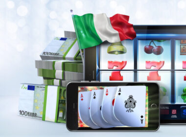 Gambling concept image suggesting the idea of playing slots, poker and roulette games at top Italian online casino sites using mobile devices. 3D Rendered illustration on light background