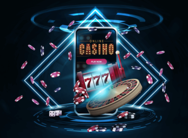 Online casino, banner with podium with smartphone, casino slot machine, Casino Roulette and poker chips in dark scene with neon rhombus frames and hologram of digital rings