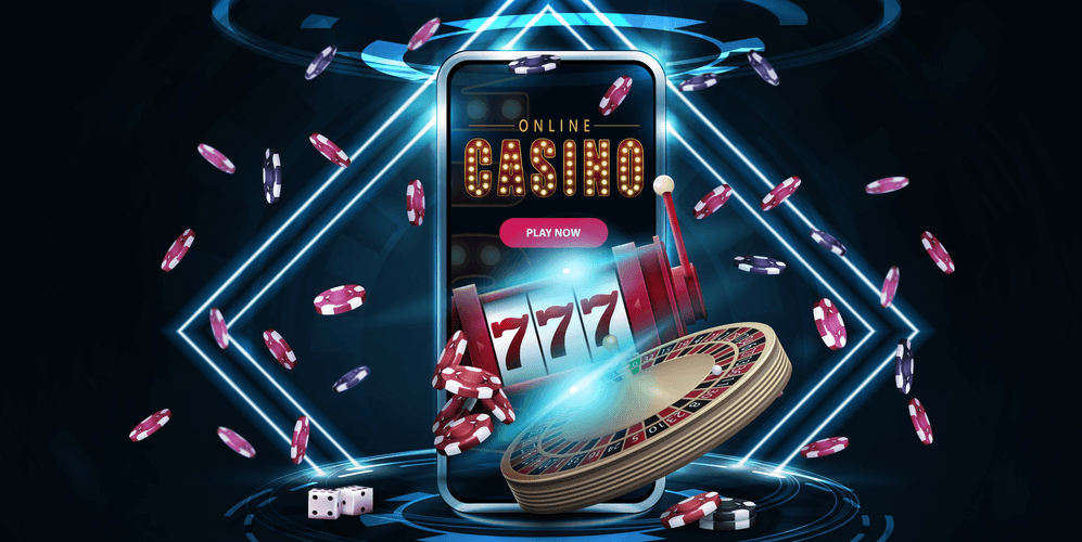 Online casino, banner with podium with smartphone, casino slot machine, Casino Roulette and poker chips in dark scene with neon rhombus frames and hologram of digital rings